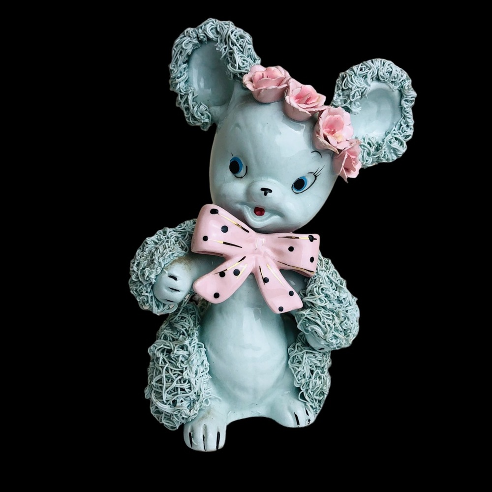 Vintage Ceramic Bunny Rabbit Retro Spaghetti 1950’s Blue & Pink Easter Ready!